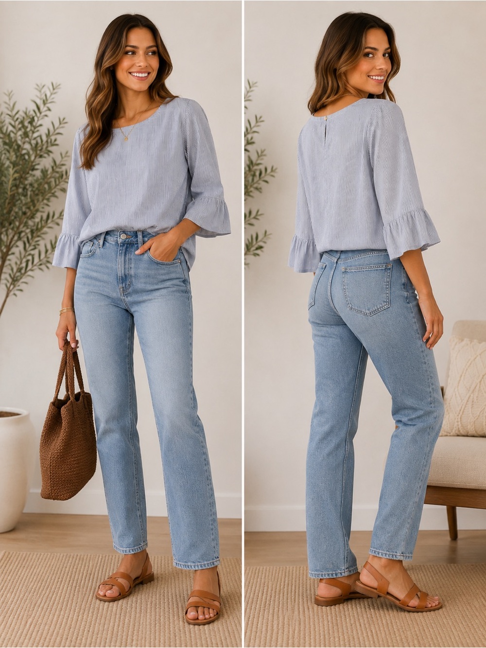 Madewell Blue White Pinstripe Ruffle Sleeve Cotton Blouse Top M